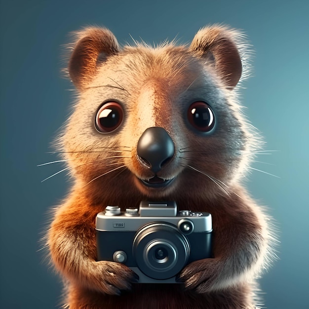 3D rendering of a cute little bear with a camera on a blue background