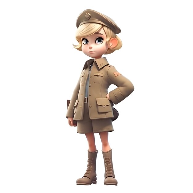 3D rendering of a cute little girl in a military uniform