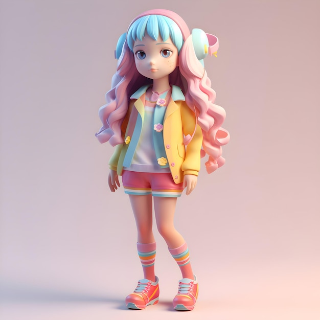 3D rendering of a cute little girl with pink hair and colorful clothes