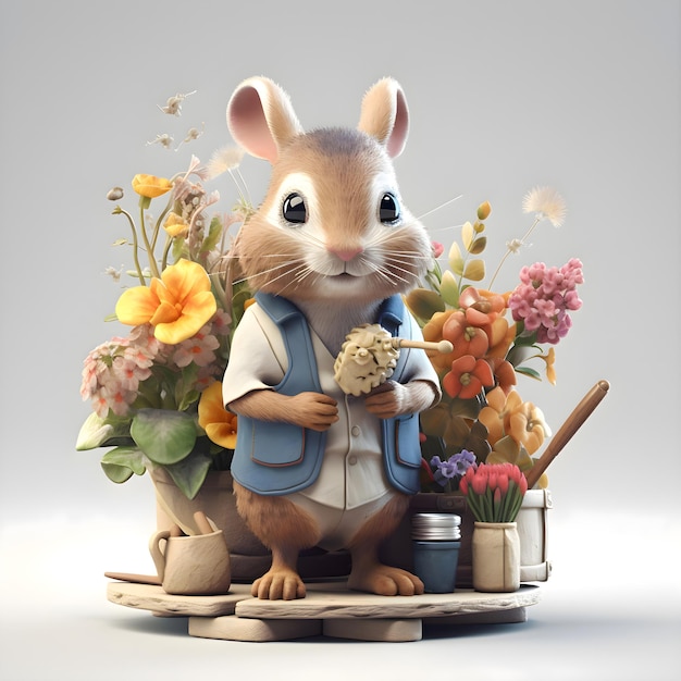 3D rendering of a cute little mouse with a bouquet of flowers