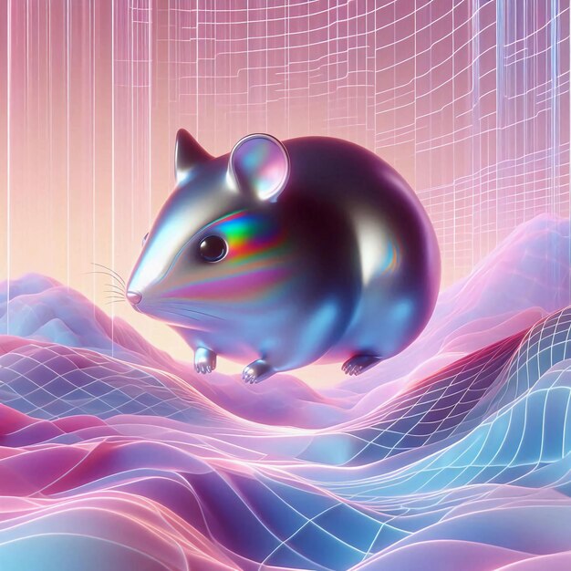 Photo 3d rendering cute mouse hamster of holographic layering