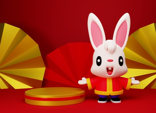 3D rendering cute rabbit cartoon presenting empty gold podium and Chinese paper fans background