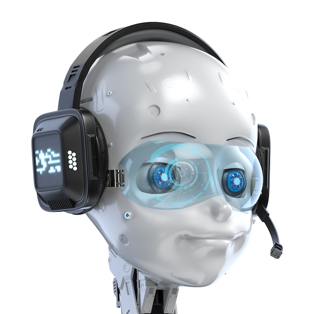 3d rendering cute robot or artificial intelligenceÃÂ robot with cartoon character wear headset