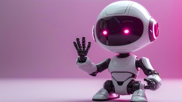 3D rendering of cute robot with hand up gesture against purple background Technology concept