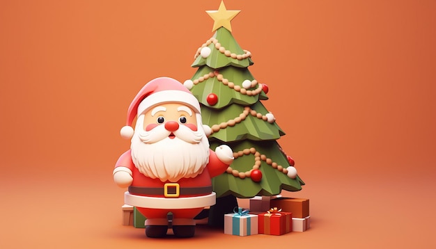 a 3d rendering of a cutie santa claus and christmas tree