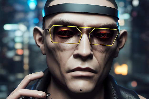 3D rendering cyberpunk gangster man character wearing futuristic glasses