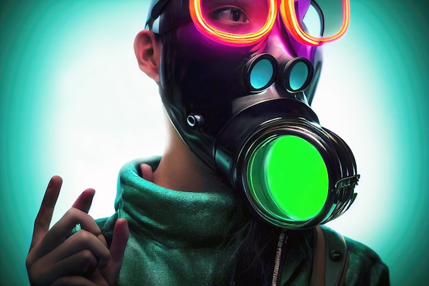 3D rendering a cyberpunk girl in futuristic gas mask with protective green glasses and filters.