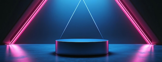 A 3D rendering of a cylindrical platform illuminated by neon lights in a dark room