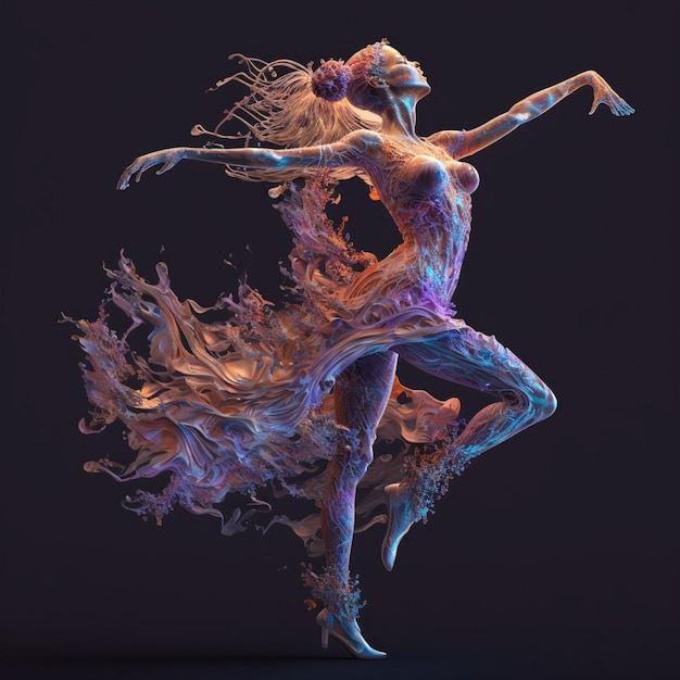 A 3d rendering of a dancer with a flowing skirt and a skirt.