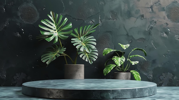 3D rendering of a dark green marble podium with potted monstera plants on a dark green background