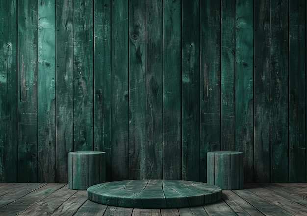 3D rendering of dark green wooden podium with brown wooden base