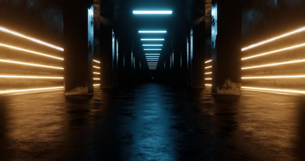 3d rendering dark metal corridor with blue and yellow neon light