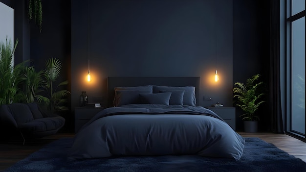 3D Rendering of a Dark Modern Bedroom with a Big Bed