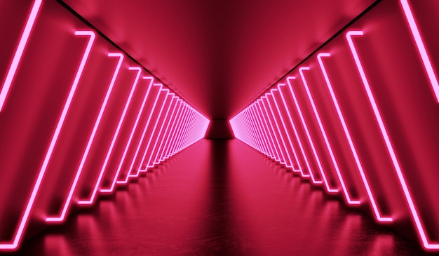 3D Rendering darkroom with glowing neon laser light PINK tunnel scifi room Abstract Futuristic