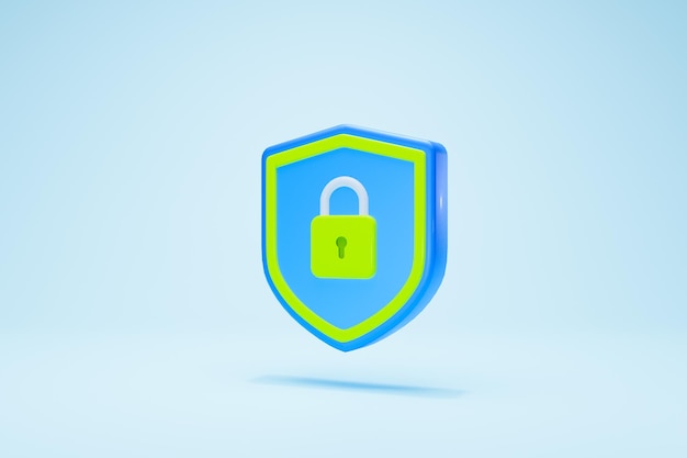 3D Rendering Data security concept. Protection, safety, password, shield icon blue green side