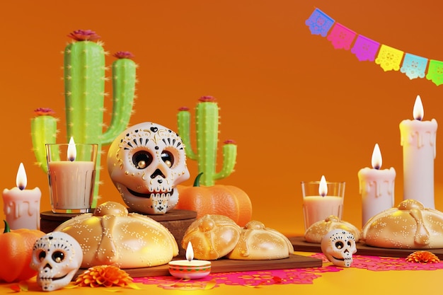 3D rendering for Day of the Dead Dia de muertos altar concept Composition of cute sugar skulls