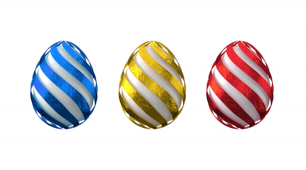 3d rendering of decorated eggs in multi-colored foil. Easter design elements. Isolated