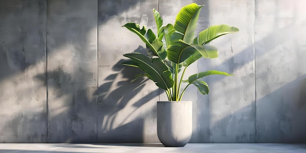 3D rendering of a decorative banana plant in a concrete vase Concept 3D rendering Decorative banana plant Concrete vase