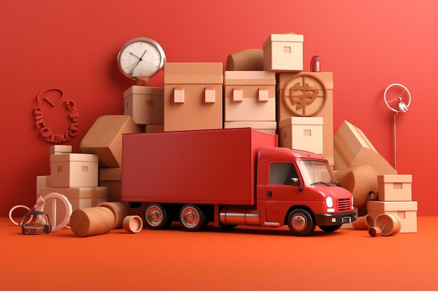 3d rendering of delivery truck with cardboard boxes and clock in orange room