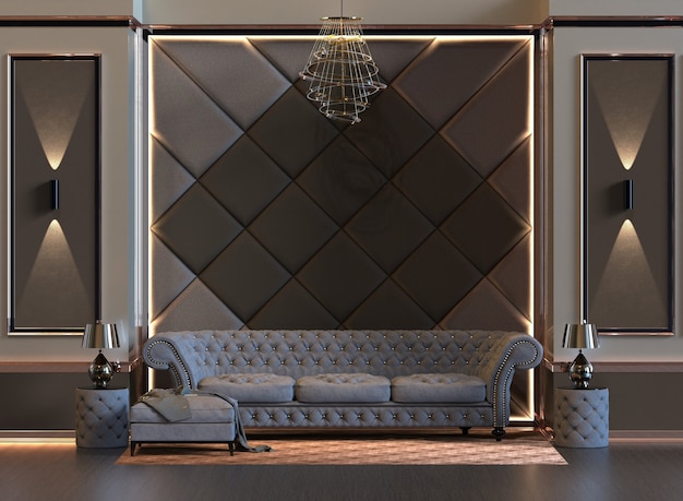 3d rendering of design interior living room with lamp and padded wall panel