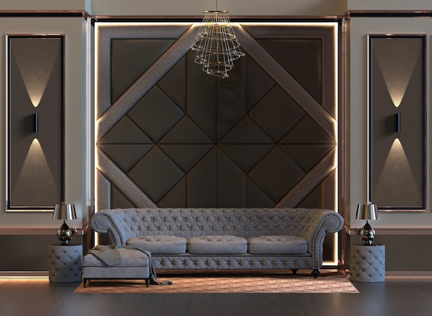 3d rendering of design interior living room with lamp and padded wall panel