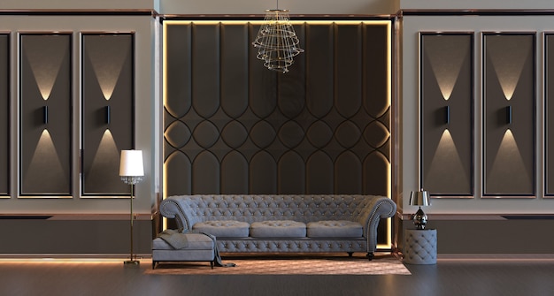 3d rendering of design interior living room with lamp and padded wall panel