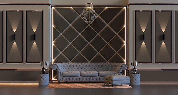 3d rendering of design interior living room with lamp and padded wall panel