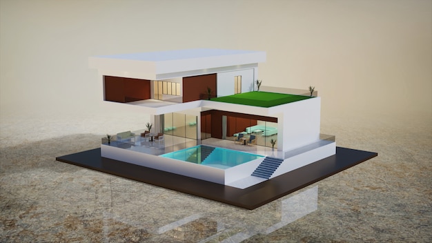 3d rendering design modern exterior of house model illustration with swimming pool