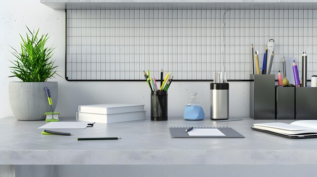 Photo 3d rendering of a desk with office supplies and blank copy space for business use