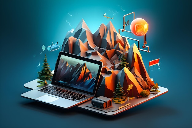 3D rendering of the desk of a young researcher student computer laptop mountains magical transport generative ai