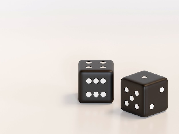 3d rendering dice with black dots hanging in half turn showing different numbers Lucky dice