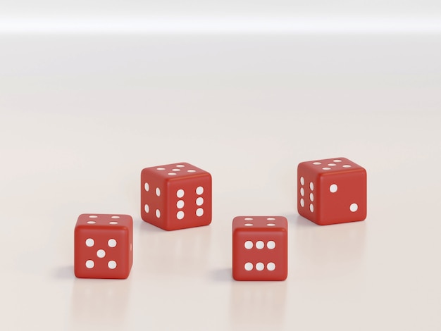 3d rendering dice with black dots hanging in half turn showing different numbers Lucky dice