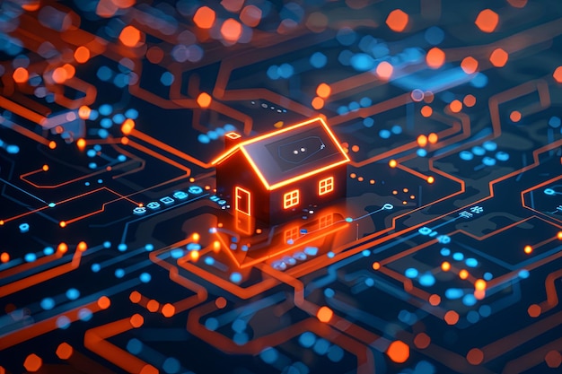 3D rendering of a digital home icon surrounded by circuit lines on a dark background representing smart system management and smart home technology