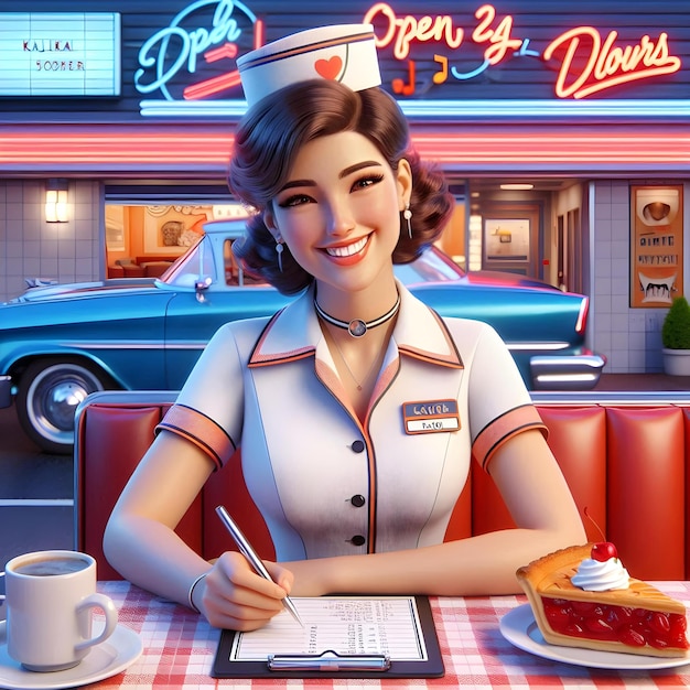 Photo 3d rendering of diner waitress character with retro vibes and classic diner uniform and name tag wit