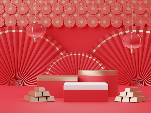 3d rendering of displays stand podium with Chinese lunar new year theme for ox year