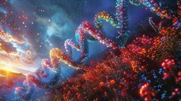 3D rendering of a DNA double helix with glowing particles