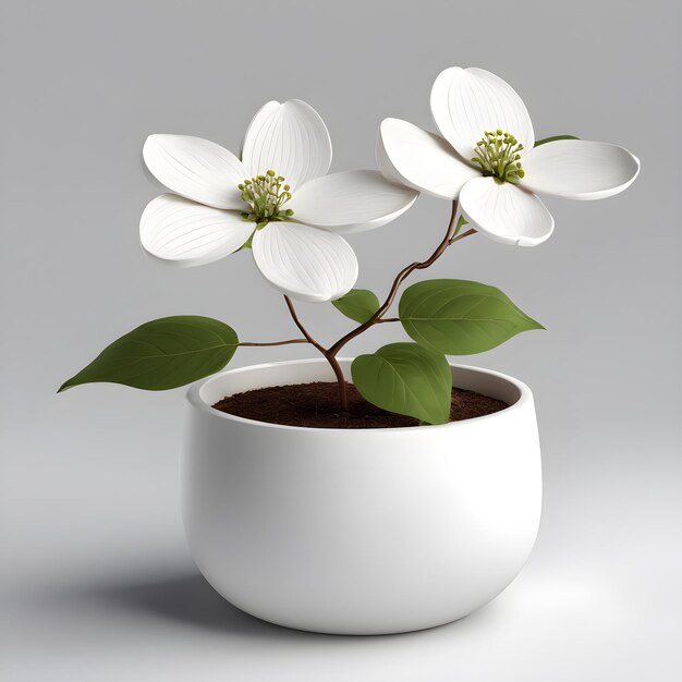 3d rendering of Dogwood Blossom in a minimalist white pot isolated on gray background Generative AI