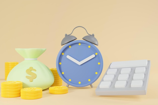 3D rendering dollar coins and money bag with alarm clock Copy space