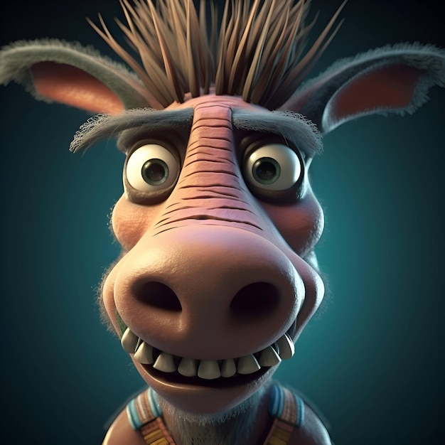 3d rendering of a donkey head with big eyes on blue background