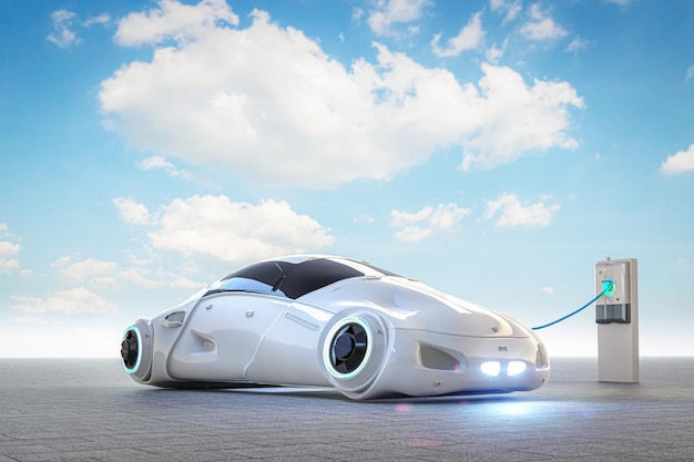 3d rendering driverless car or autonomous car plug in with ev charging station