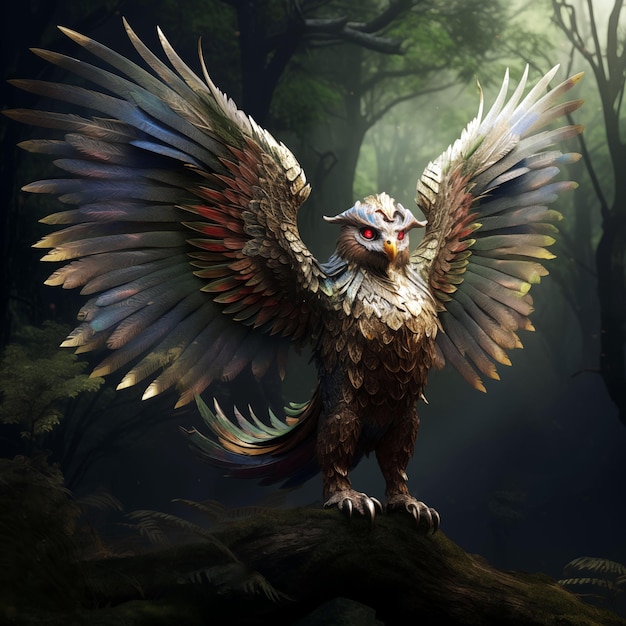 3D rendering of an eagle in the forest Fantasy illustration