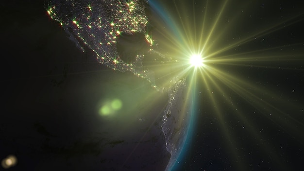 3D rendering Earth from space against the background of the starry sky and the Sun