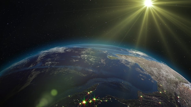 3D rendering Earth from space against the background of the starry sky and the Sun