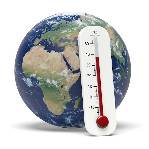 3D rendering earth with thermometer white background