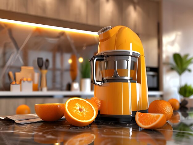 3D Rendering Electric Juicer with Fresh Orange Highlighting Healthy Refreshment and Modern Kitchen Appliance