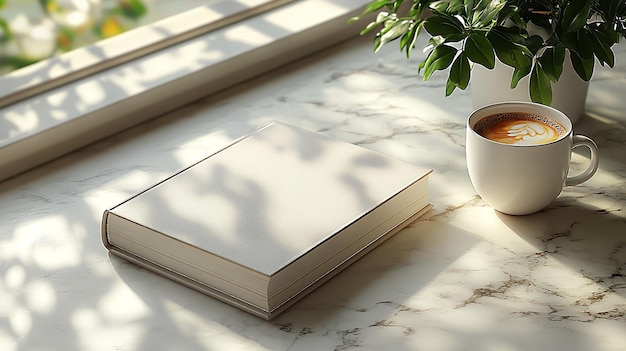 3D rendering of an empty book mockup with a coffee cup on a table ideal for book cover design presentations