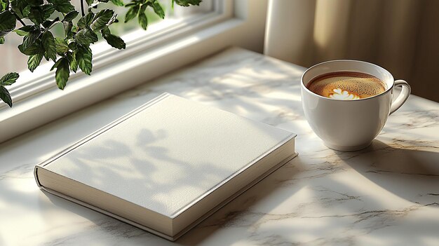 3D rendering of an empty book mockup with a coffee cup on a table ideal for book cover design presentations