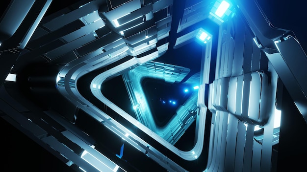 3D rendering empty futuristic neon space station tunnel hall