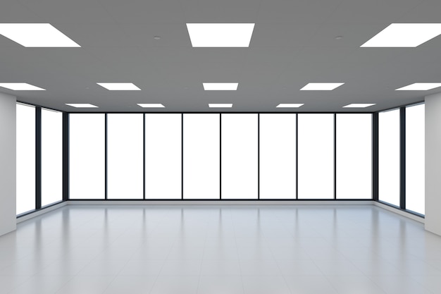 3d rendering empty office space with glass windows