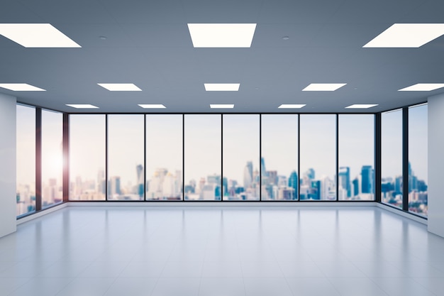 3d rendering empty office space with glass windows